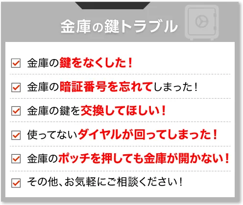 金庫の鍵のトラブル ・金庫の鍵をなくした！・金庫の暗証番号を忘れてしまった！・金庫の鍵を交換してほしい！